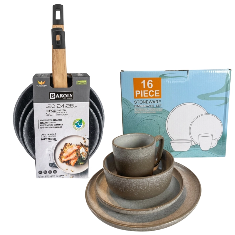 KIT COMPLETO HOGAR: VAJILLA DE LOZA 16 PIEZAS + JUEGO 3 SARTENES ANTIADHERENTES - 2