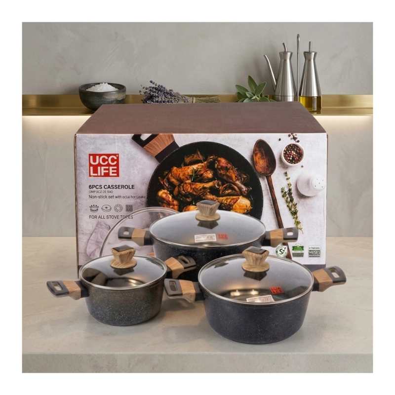 BATERIA DE COCINA 6 PCS OLLAS CACEROLAS PARA TODO TIPO DE COCINA DISEÑO GRANITO Y MADERA - 1
