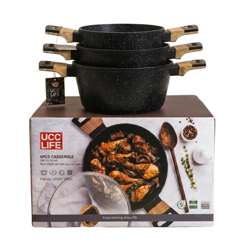 BATERIA DE COCINA 6 PCS OLLAS CACEROLAS PARA TODO TIPO DE COCINA DISEÑO GRANITO Y MADERA - 2