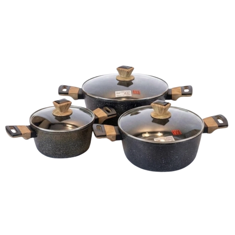 BATERIA DE COCINA 6 PCS OLLAS CACEROLAS PARA TODO TIPO DE COCINA DISEÑO GRANITO Y MADERA - 5