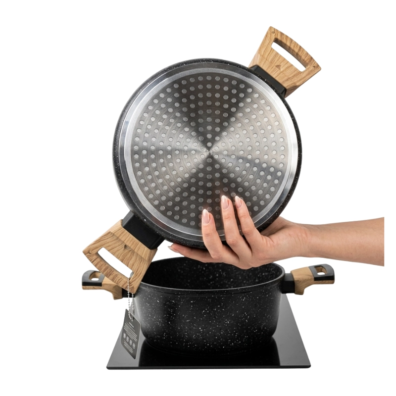 BATERIA DE COCINA 6 PCS OLLAS CACEROLAS PARA TODO TIPO DE COCINA DISEÑO GRANITO Y MADERA - 6