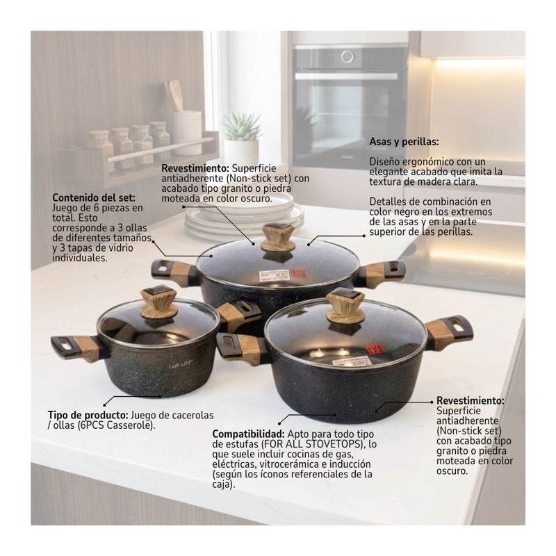 BATERIA DE COCINA 6 PCS OLLAS CACEROLAS PARA TODO TIPO DE COCINA DISEÑO GRANITO Y MADERA - 7