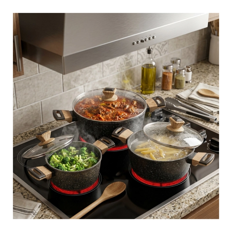 BATERIA DE COCINA 6 PCS OLLAS CACEROLAS PARA TODO TIPO DE COCINA DISEÑO GRANITO Y MADERA - 9