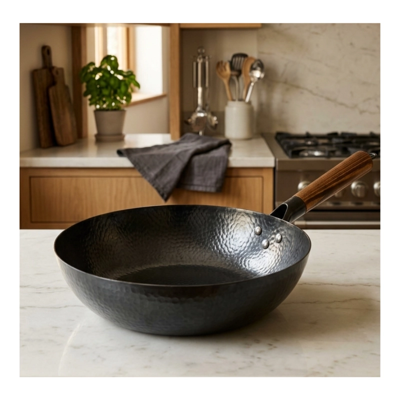 WOK DE COCINA TRADICIONAL ACERO MARTILLADO MANGO DE MADERA - 1