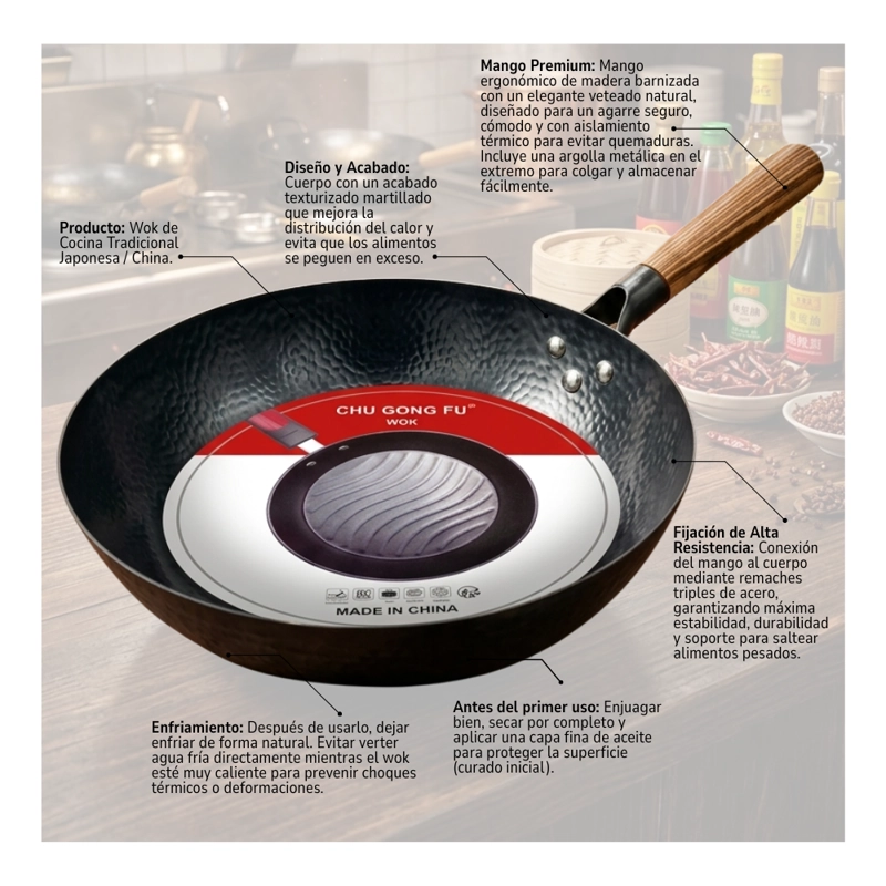 WOK DE COCINA TRADICIONAL ACERO MARTILLADO MANGO DE MADERA - 6