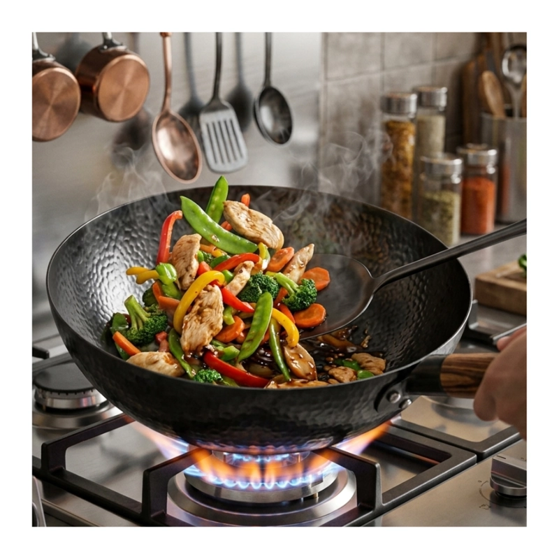 WOK DE COCINA TRADICIONAL ACERO MARTILLADO MANGO DE MADERA - 7