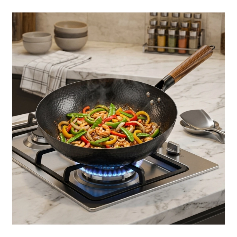 WOK DE COCINA TRADICIONAL ACERO MARTILLADO MANGO DE MADERA - 8