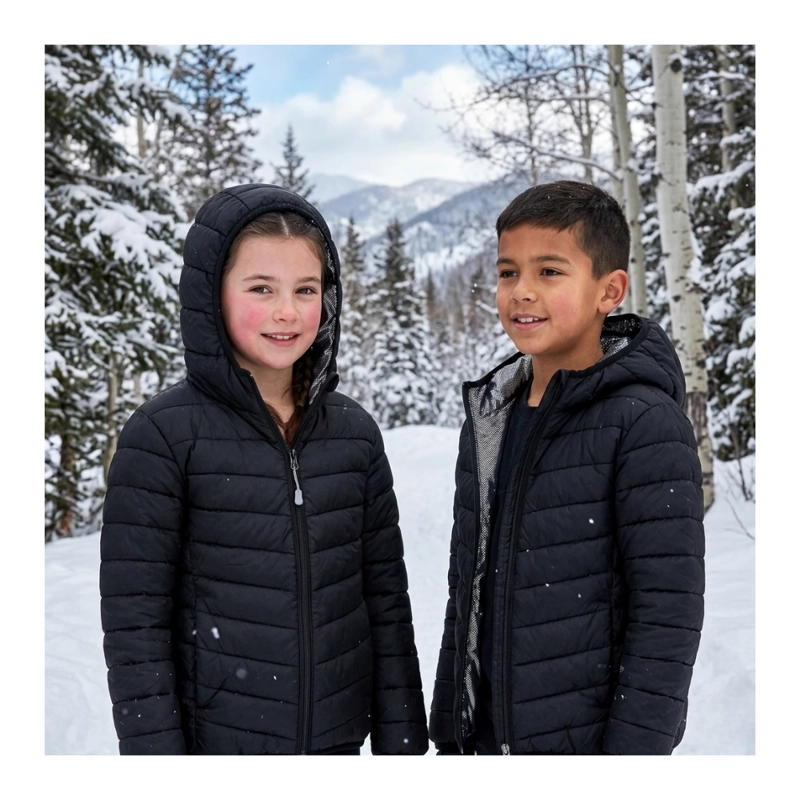 CHAQUETA PUFFER PARA NIÑOS CON FORRO TE RMICO REFLECTANTE Y CAPUCHA NEGRA - 1