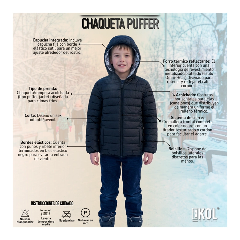 CHAQUETA PUFFER PARA NIÑOS CON FORRO TE RMICO REFLECTANTE Y CAPUCHA NEGRA - 6
