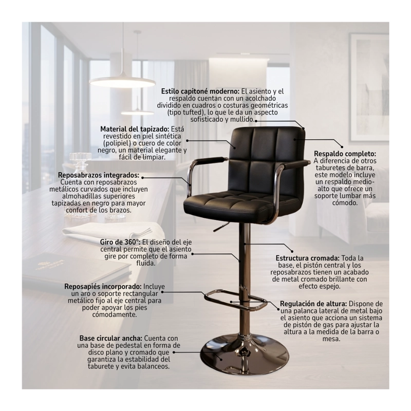 PISO DE BAR PREMIUM CAPITONE  CON RESPALDO LUMBAR Y BRAZOS - 5