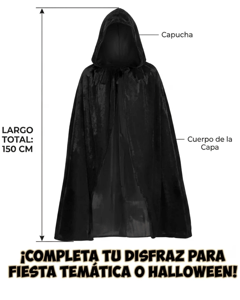 CAPA NEGRA CON CAPUCHA PARA DISFRAZ ADULTO 150CMS DE TELA - 2