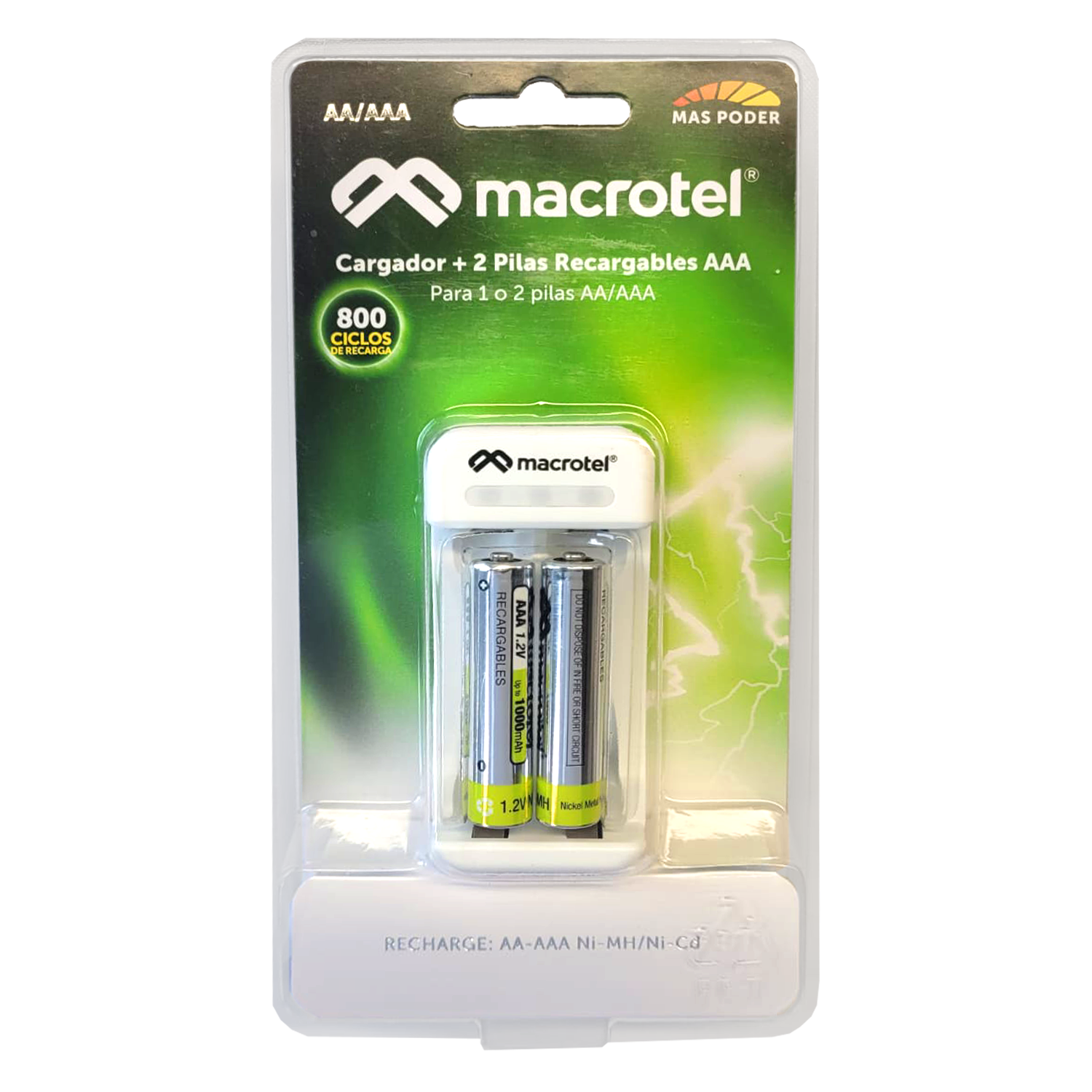 CARGADOR MACROTEL PILAS + 2 PILAS RECARGABLES AAA 1000MAH - 1