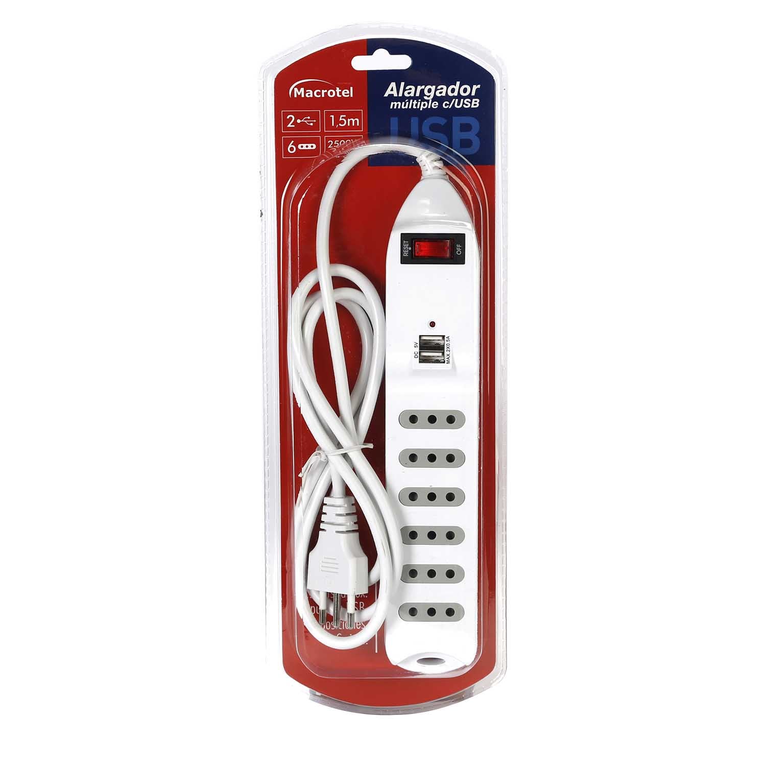 ALARGADOR ZAPATILLA CON SWITCH MACROTEL 6 POSICIONES 2 USB - 2