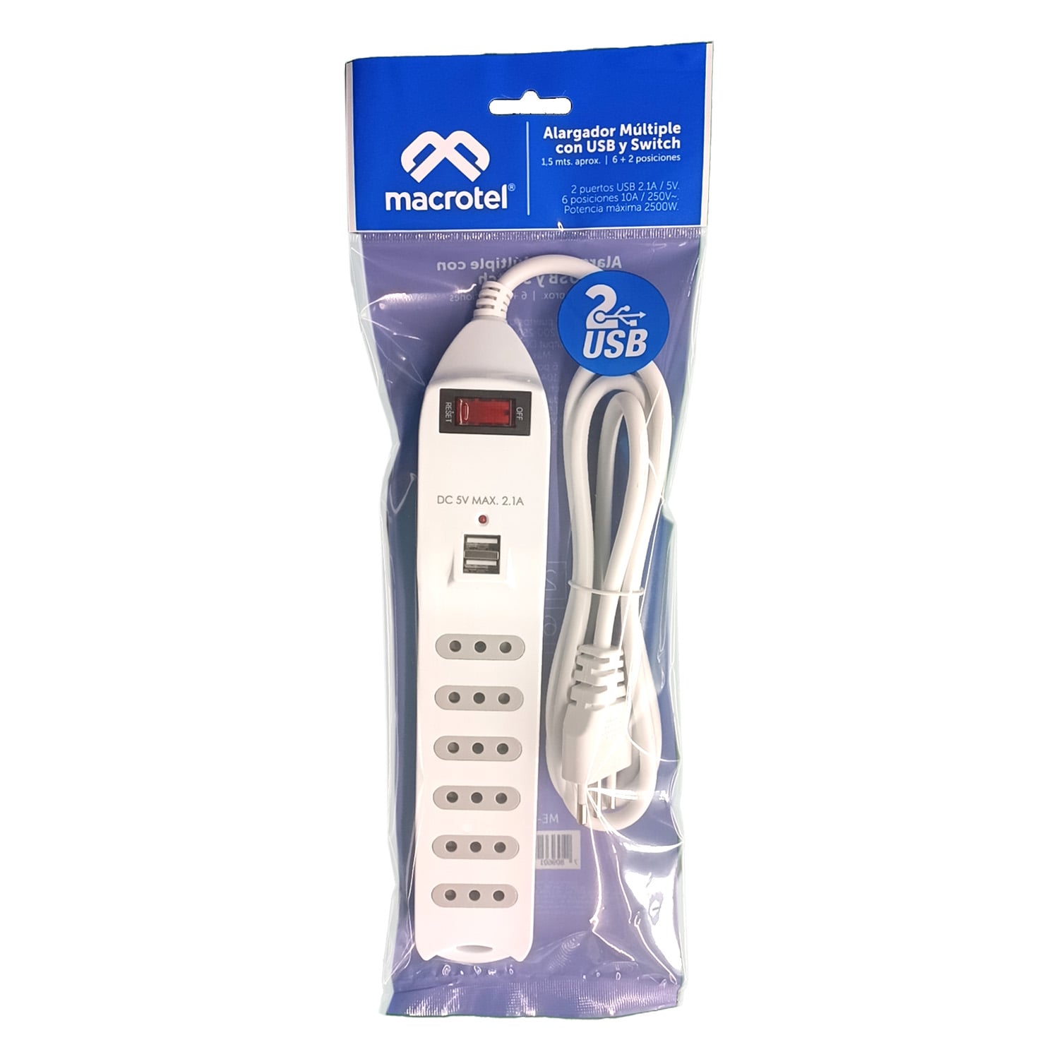 ALARGADOR ZAPATILLA CON SWITCH MACROTEL 6 POSICIONES 2 USB - 4