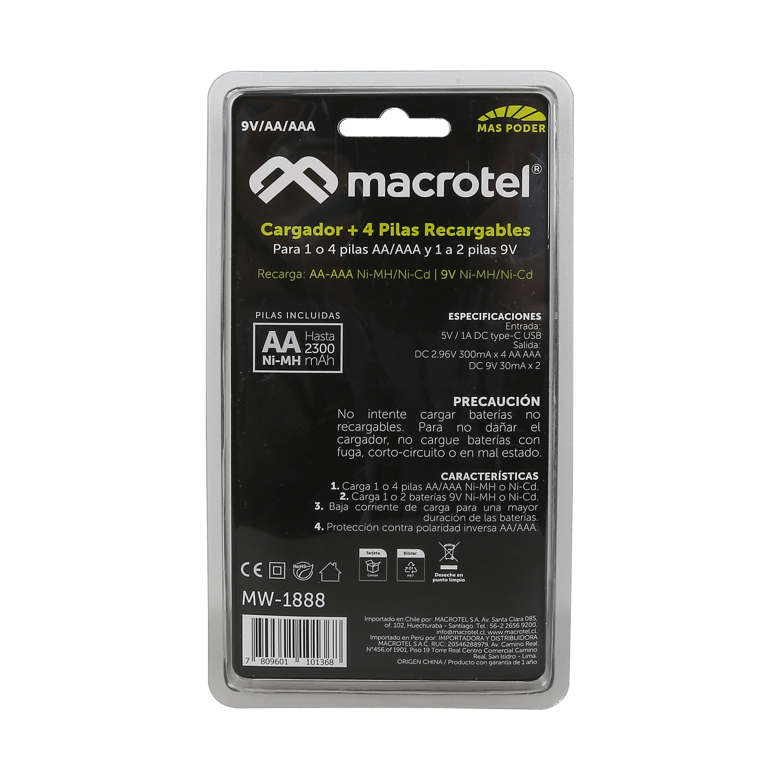 CARGADOR MACROTEL PILAS + 4 PILAS AA 2300MA - 2