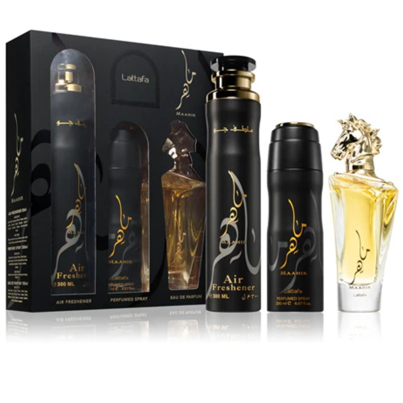 ESTUCHE MAAHIR LATTAFA EDP 100ML+200ML PERFUME SPRAY + 300ML AIR FRESHENER UNISEX - 1