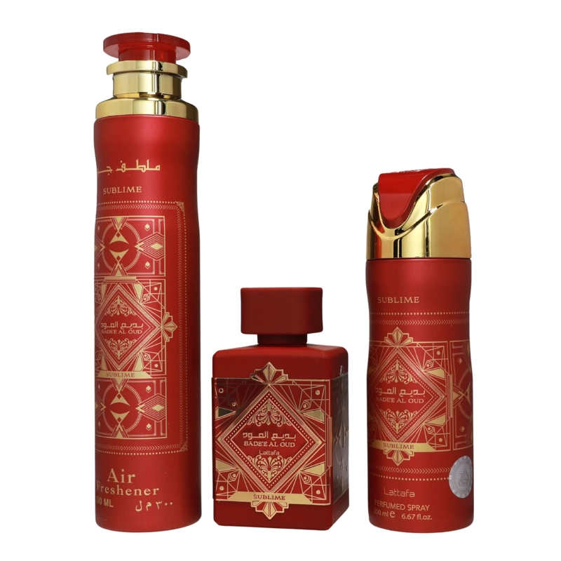 ESTUCHE BADEE AL OUD SUBLIME LATTAFA 100ML+200ML PERFUME SPRAY + 300ML AIR FRESHENER UNISEX - 1