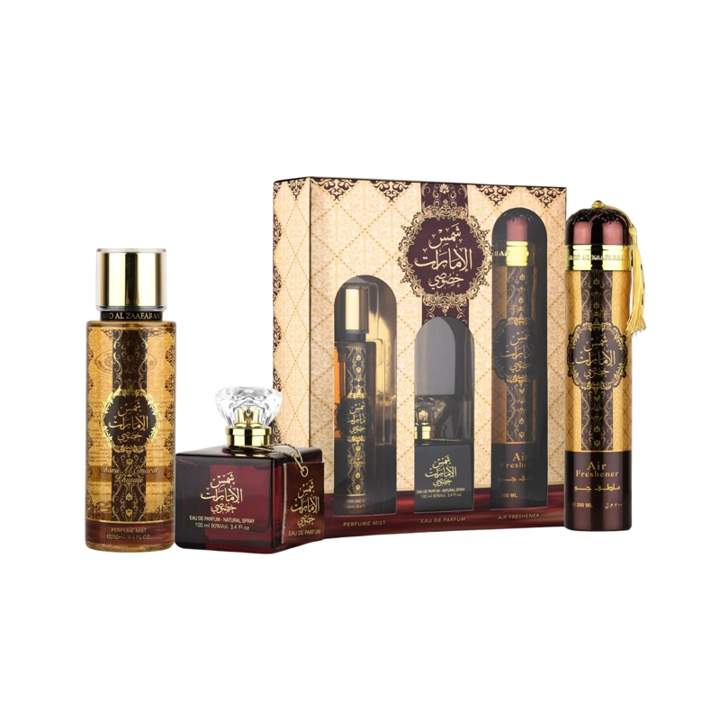 ESTUCHE SHAMS AL EMARAT KHUSUSI COLLECTION ARD AL ZAAFARAN  EDP 100ML + 250ML PERFUME MIST + 300ML - 1