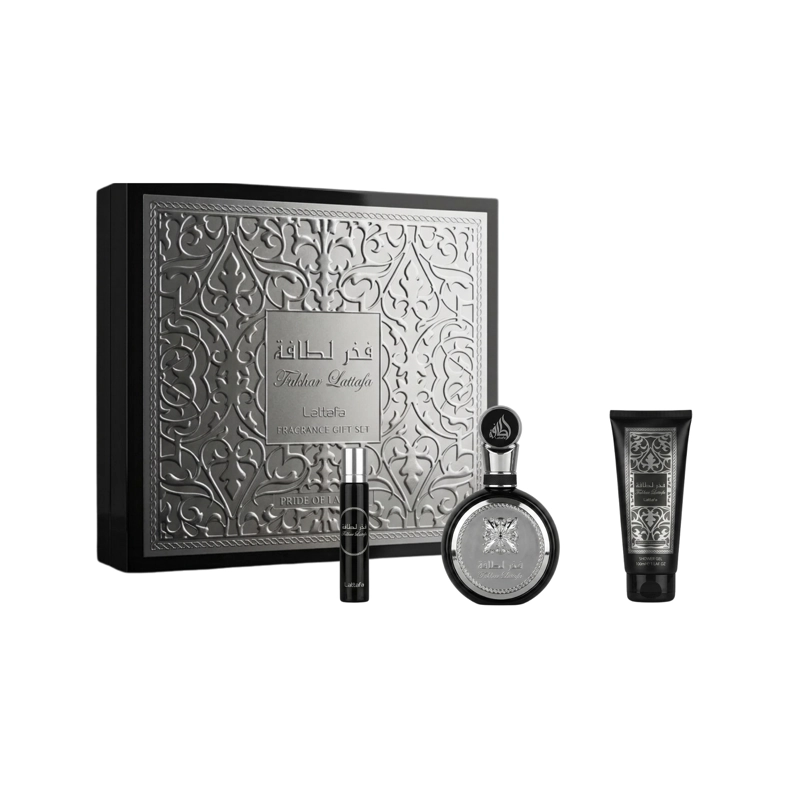 ESTUCHE FAKHAR SILVER LATTAFA EDP 100ML + 12ML + S/G 100ML HOMBRE - 1