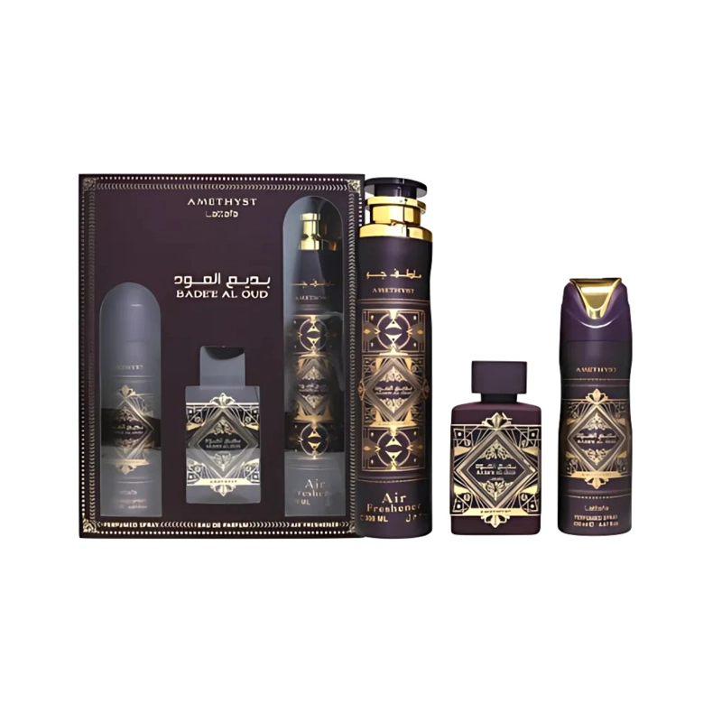 ESTUCHE BADEE AL OUD AMETHYST  LATTAFA EDP 100ML+200ML PERFUME SPRAY + 300ML AIR FRESHENER UNISEX - 1