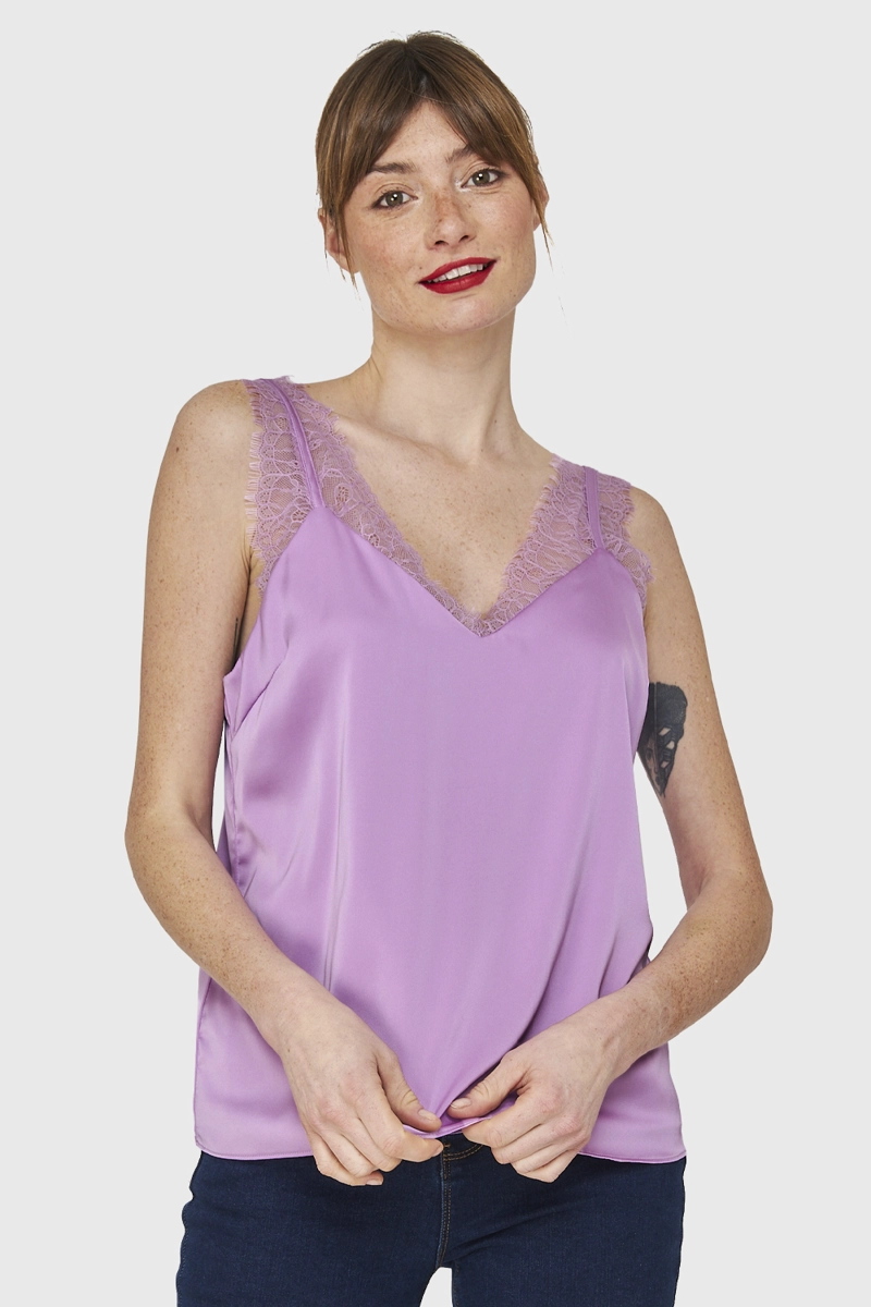 BLUSA SATIN ENCAJE TIRANTE ANCHO LILA MUJER NICOPOLY - 1