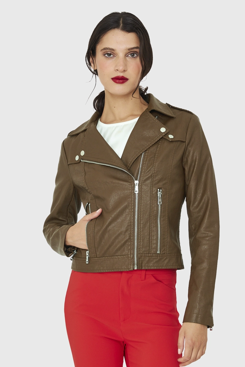 CHAQUETA BIKER ECOCUERO CORTA CAFE  NICOPOLY - 1