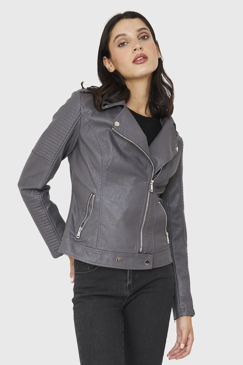 CHAQUETA BIKER ECOCUERO GRIS NICOPOLY - 1