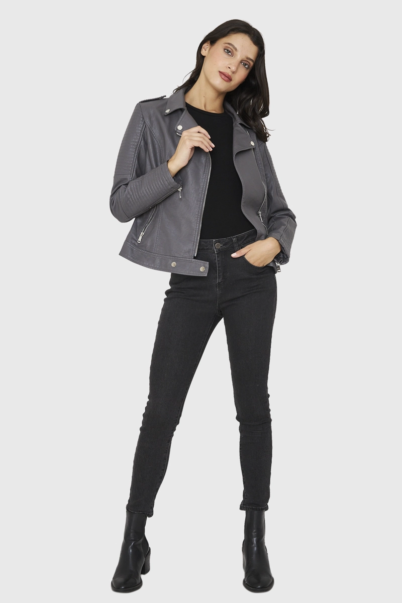 CHAQUETA BIKER ECOCUERO GRIS NICOPOLY - 2