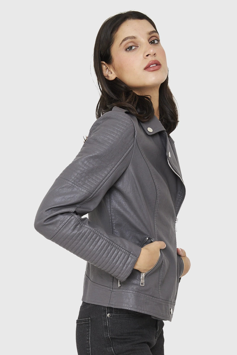 CHAQUETA BIKER ECOCUERO GRIS NICOPOLY - 3