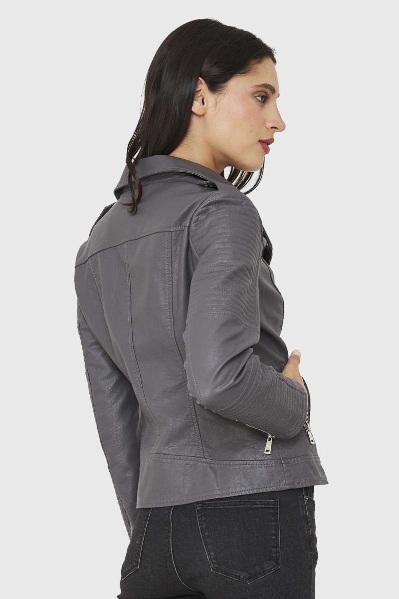 CHAQUETA BIKER ECOCUERO GRIS NICOPOLY - 4