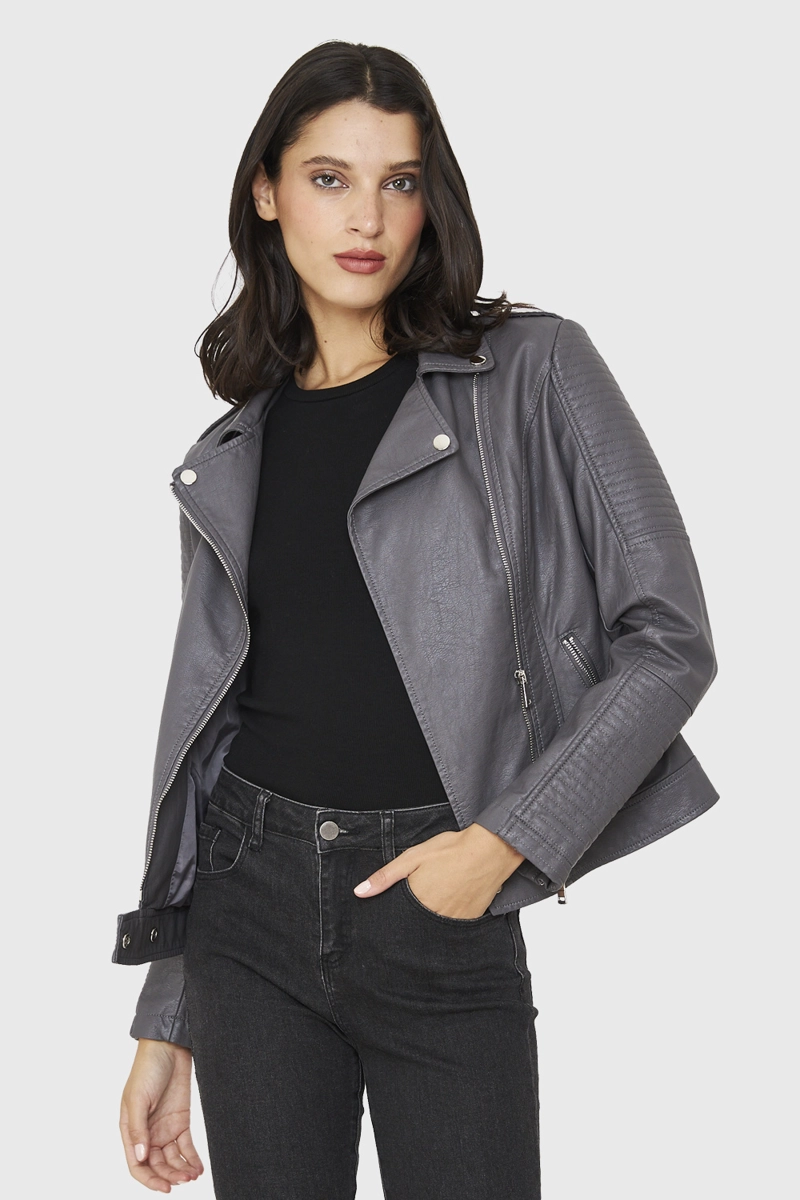 CHAQUETA BIKER ECOCUERO GRIS NICOPOLY - 5