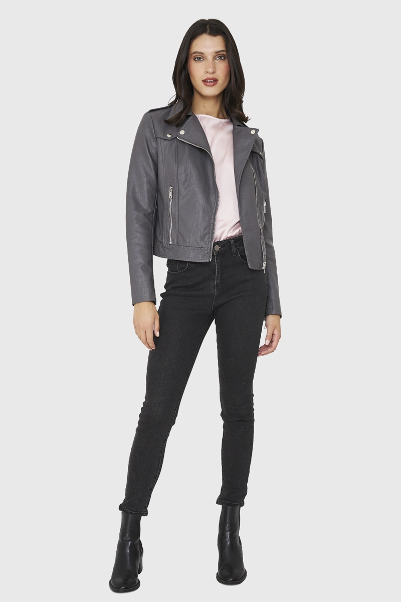 CHAQUETA BIKER ECOCUERO CORTA GRIS NICOPOLY - 2