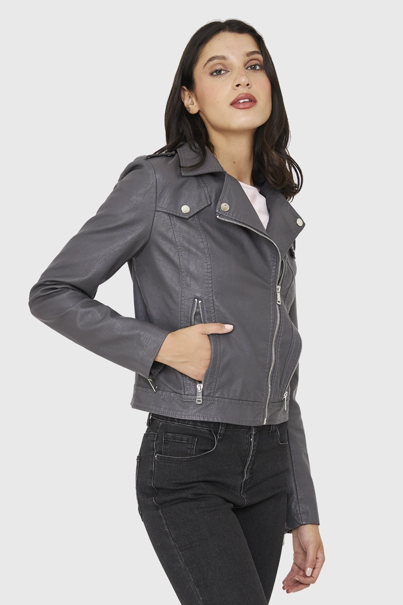 CHAQUETA BIKER ECOCUERO CORTA GRIS NICOPOLY - 3