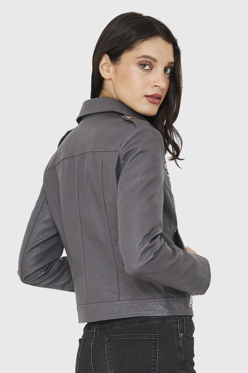 CHAQUETA BIKER ECOCUERO CORTA GRIS NICOPOLY - 4