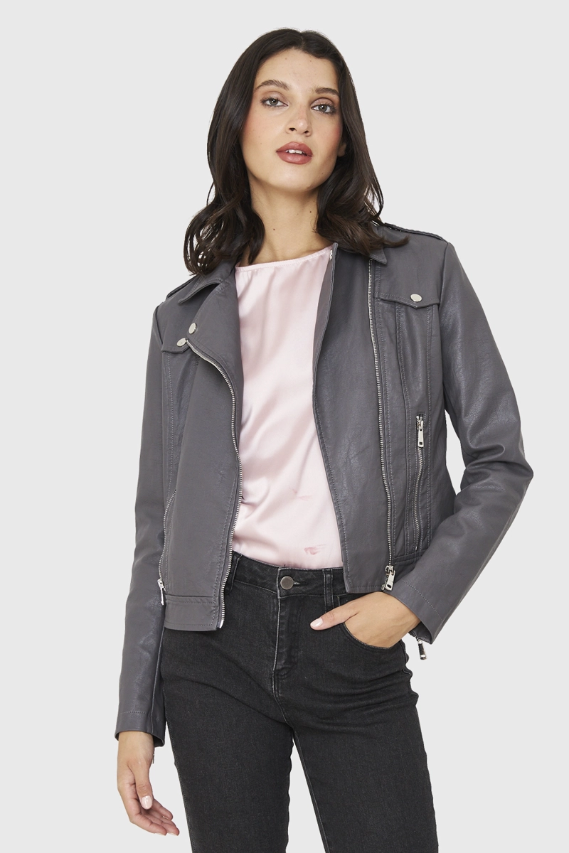 CHAQUETA BIKER ECOCUERO CORTA GRIS NICOPOLY - 5