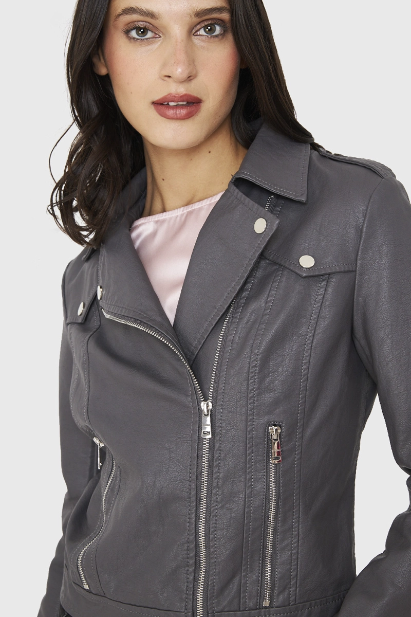 CHAQUETA BIKER ECOCUERO CORTA GRIS NICOPOLY - 6