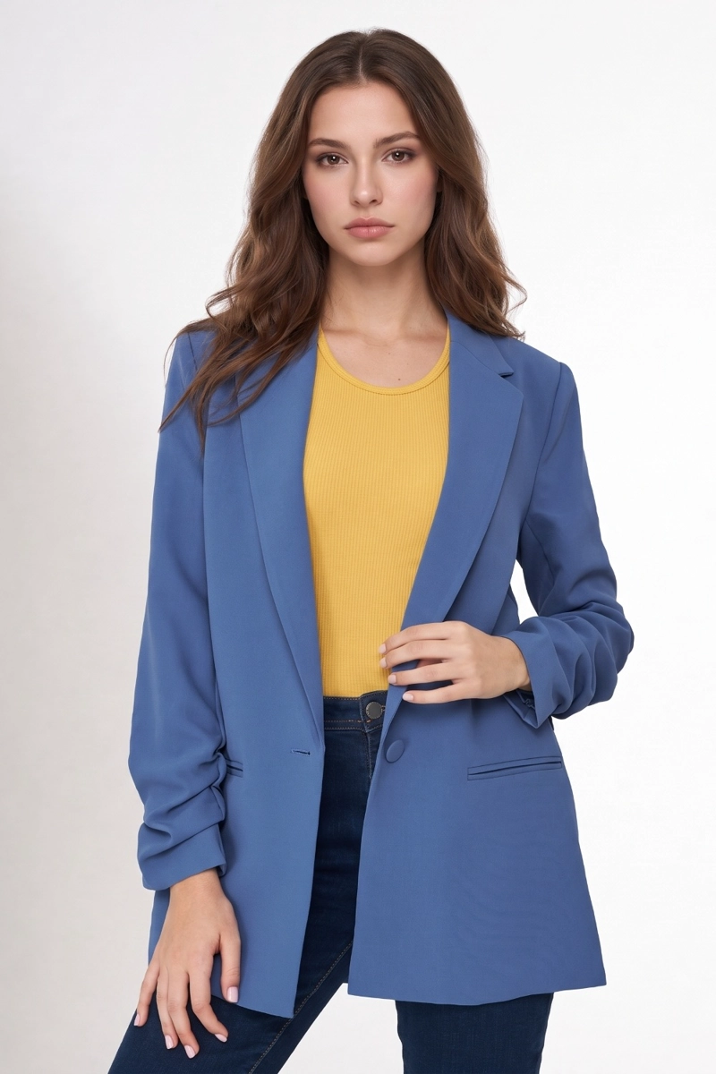 BLAZER LARGO MANGA DRAPEADA AZUL MEDIO MUJER NICOPOLY - 1