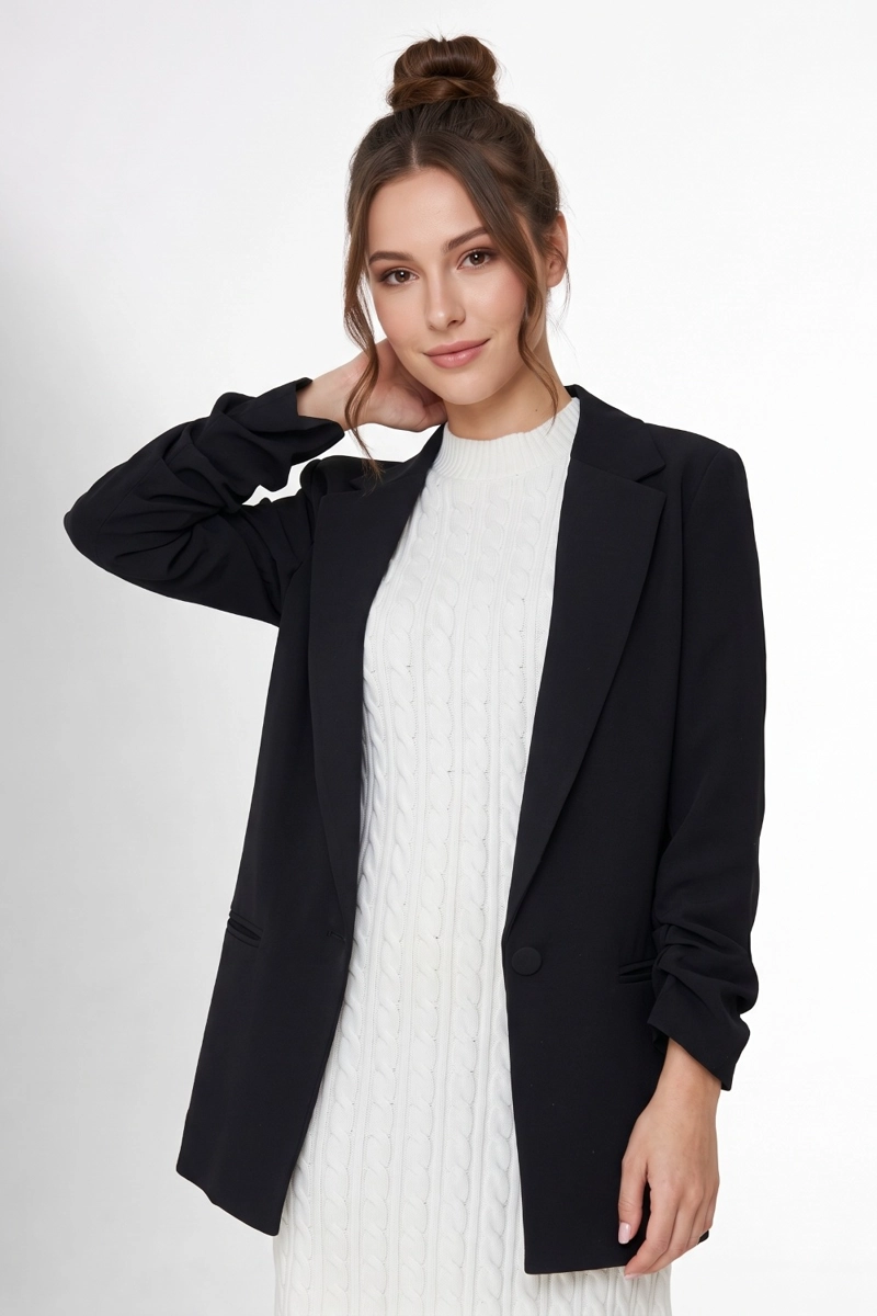 BLAZER LARGO MANGA DRAPEADA NEGRO NICOPOLY - 1