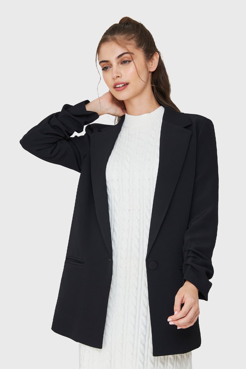 BLAZER LARGO MANGA DRAPEADA NEGRO NICOPOLY - 1