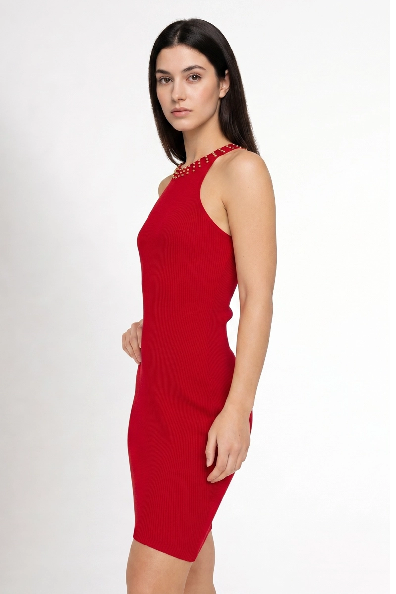 VESTIDO MUJER NICOPOLY ROJO TUBO CON STRASS - 3