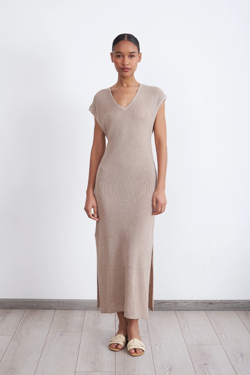 VESTIDO MUJER NICOPOLY BEIGE HOLGADO CON BRILLOS KHAKI - 1