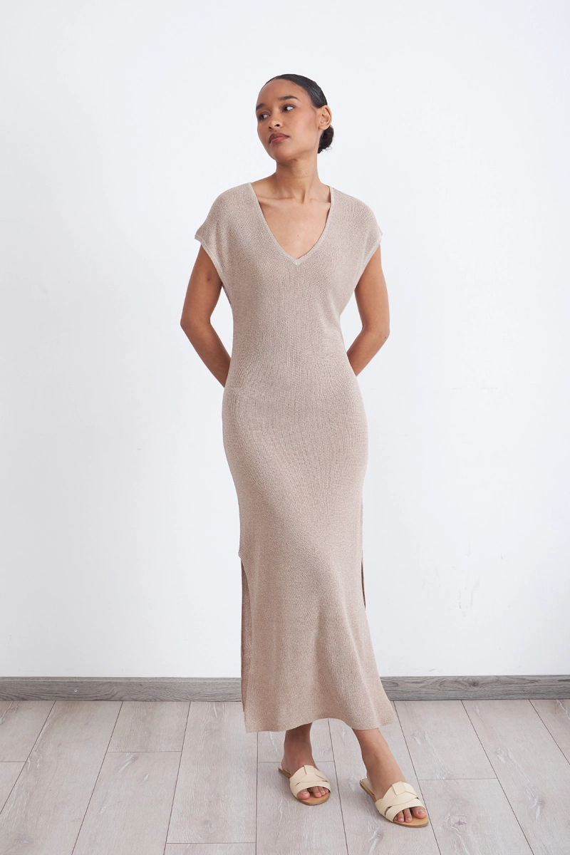 VESTIDO MUJER NICOPOLY BEIGE HOLGADO CON BRILLOS KHAKI - 2
