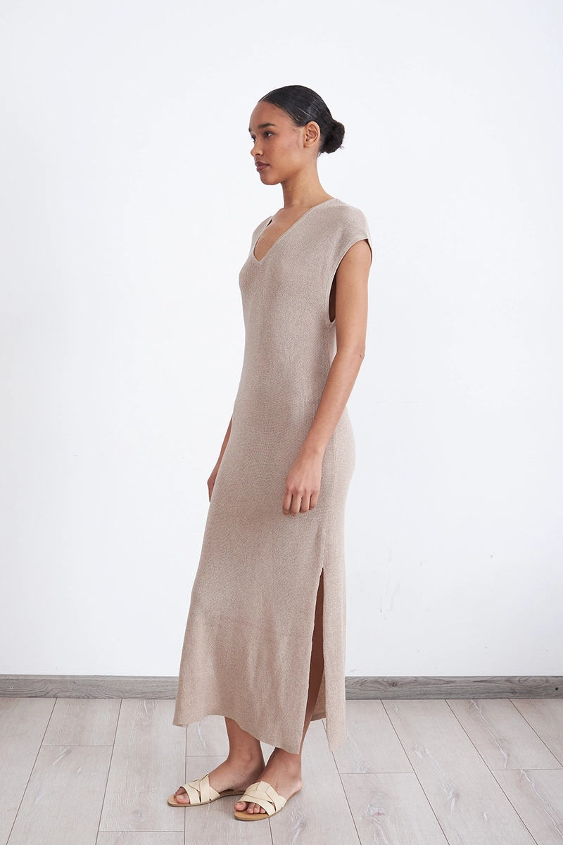 VESTIDO MUJER NICOPOLY BEIGE HOLGADO CON BRILLOS KHAKI - 3