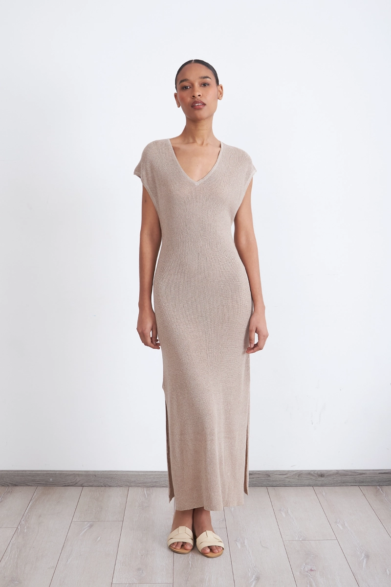 VESTIDO MUJER NICOPOLY BEIGE HOLGADO CON BRILLOS KHAKI - 5