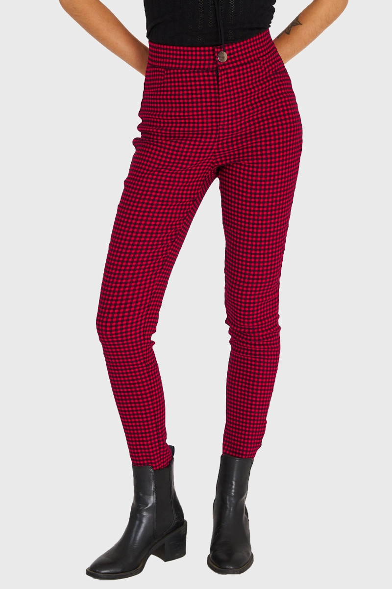 CALZA MUJER NICOPOLY ROJO SKINNY VICHY CON CIERRE - 1