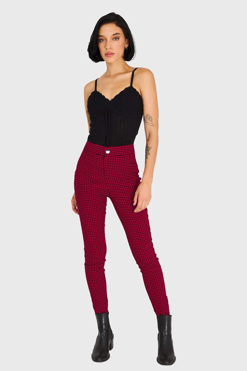 CALZA MUJER NICOPOLY ROJO SKINNY VICHY CON CIERRE - 2