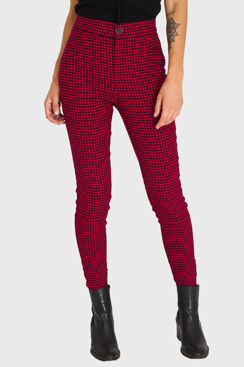 CALZA MUJER NICOPOLY ROJO SKINNY VICHY CON CIERRE - 5