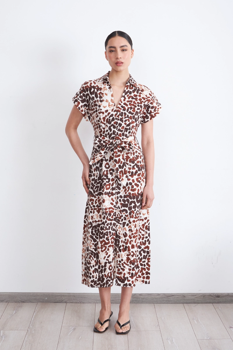 VESTIDO ALGODÓN MUJER NICOPOLY CAFÉ SAFARI CUELLO CAMISERO - 1