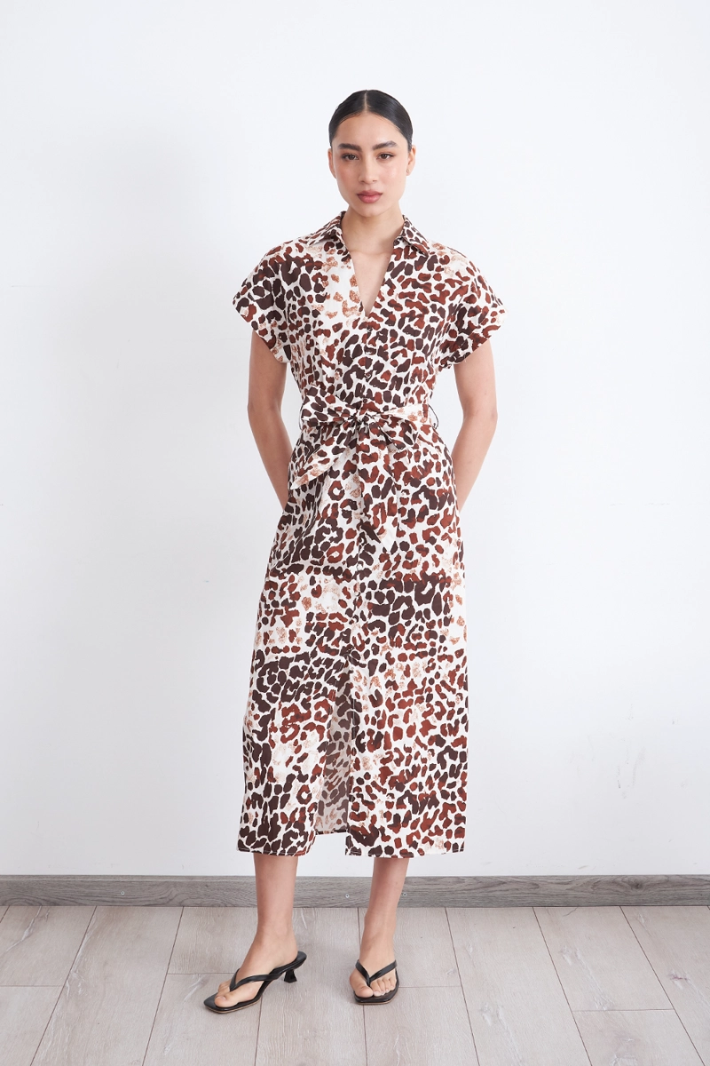 VESTIDO ALGODÓN MUJER NICOPOLY CAFÉ SAFARI CUELLO CAMISERO - 2