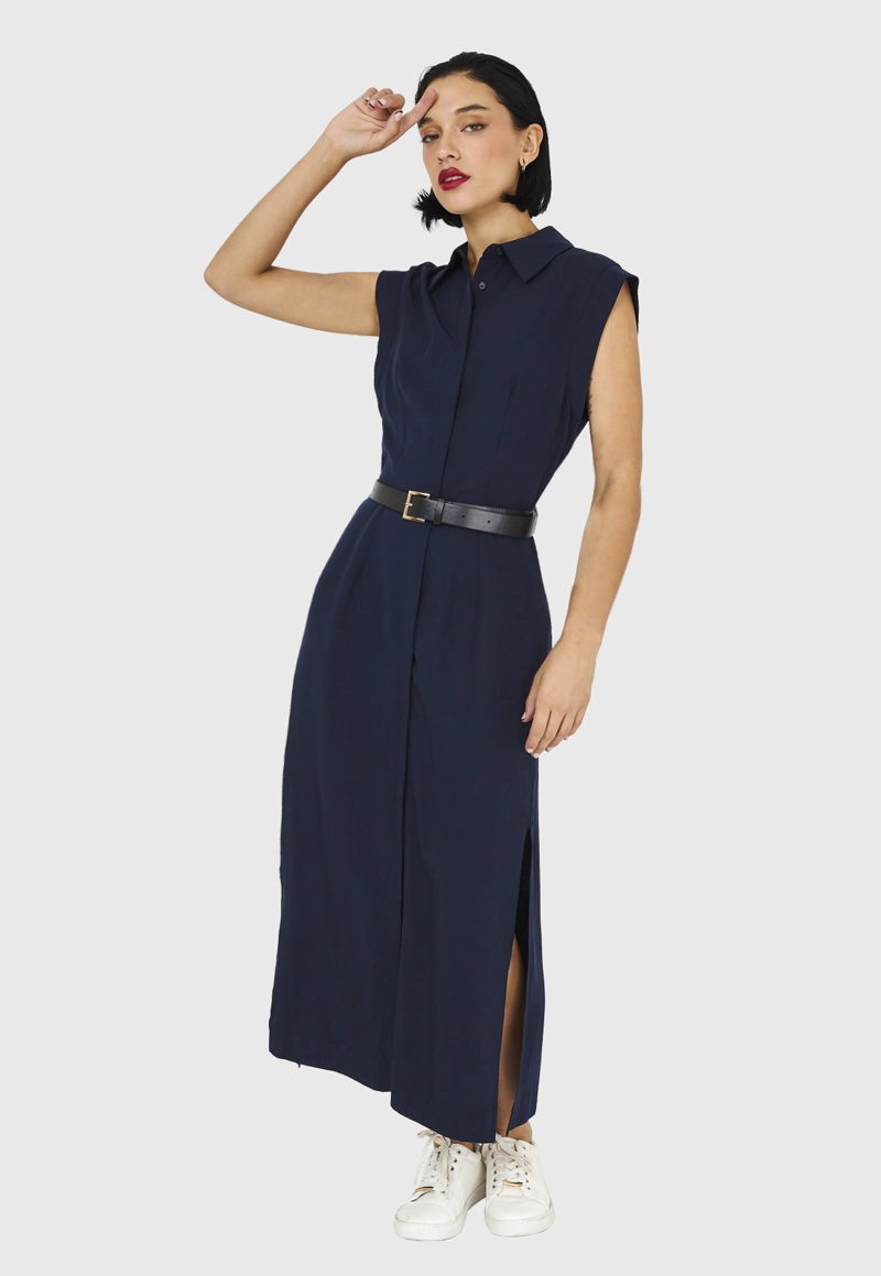 VESTIDO CAMISERO MUJER NICOPOLY AZUL MARINO CINTURÓN - 1